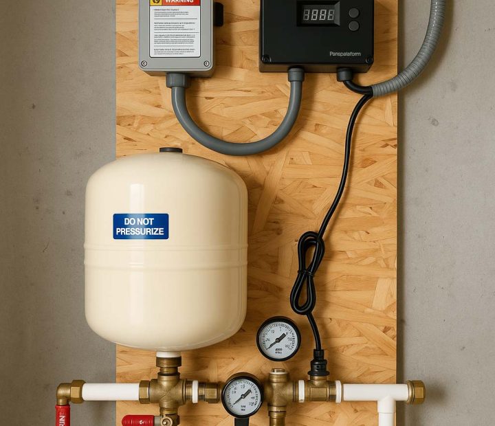 A pressure monitoring setup featuring a warning label, digital display, and various gauges, mounted on a wooden panel.