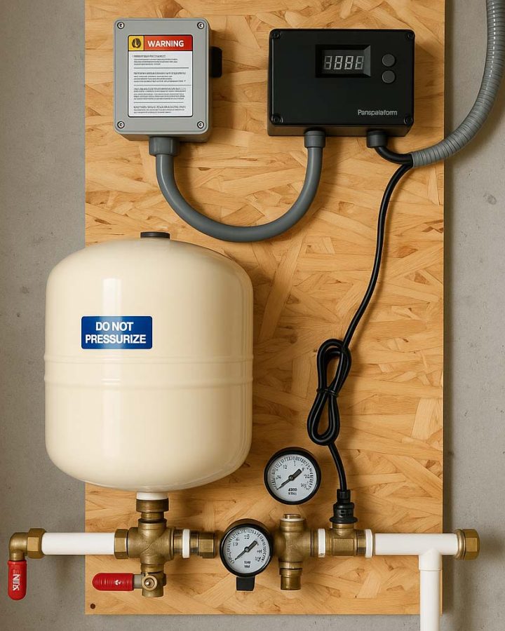 A pressure monitoring setup featuring a warning label, digital display, and various gauges, mounted on a wooden panel.