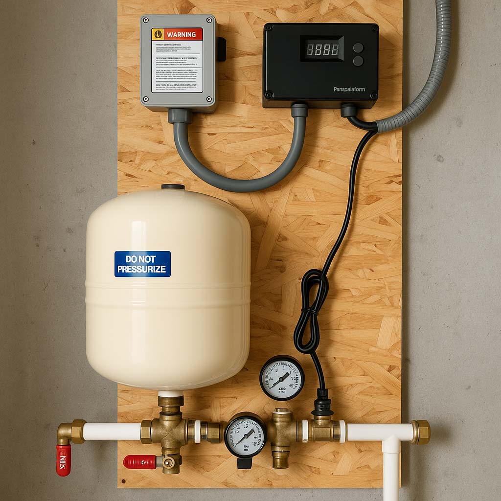 A pressure monitoring setup featuring a warning label, digital display, and various gauges, mounted on a wooden panel.