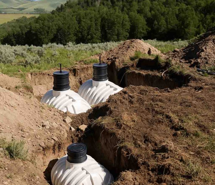 White water storage tanks are being installed in a dug-out trench, set against a backdrop of greenery and rolling hills.