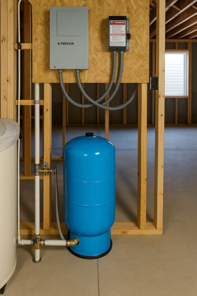 A blue water storage tank is connected to a Pentair control panel via gray hoses, installed in a room with wooden framing and exposed beams.