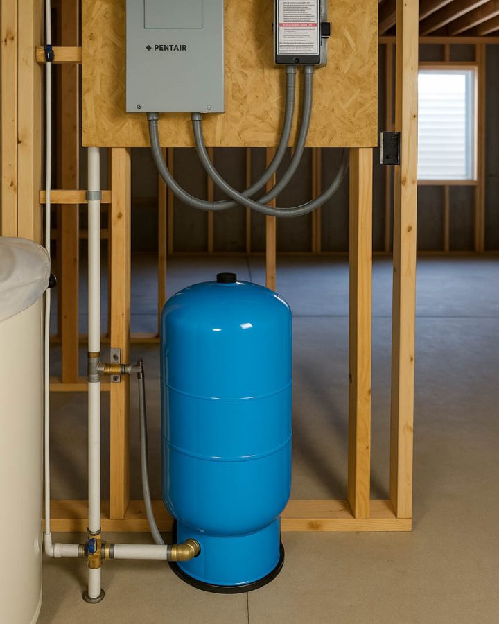 A blue water storage tank is connected to a Pentair control panel via gray hoses, installed in a room with wooden framing and exposed beams.