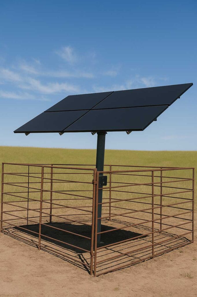 A single solar panel is attached to a metal pole within a rusted wire fence, standing out against a vast expanse of flat, golden terrain under a bright blue sky.