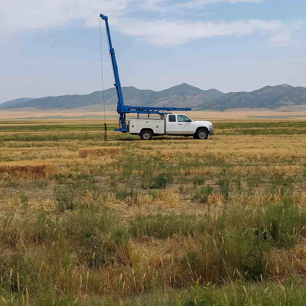 A white truck equipped with a blue drilling rig is parked in an open field, surrounded by natural scenery and distant mountains.