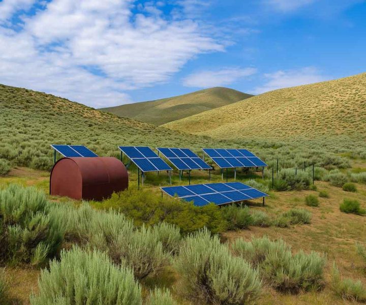 Multiple solar panels are arranged in a field alongside a red cylindrical storage tank, surrounded by rolling hills and sparse vegetation under a partly cloudy sky.