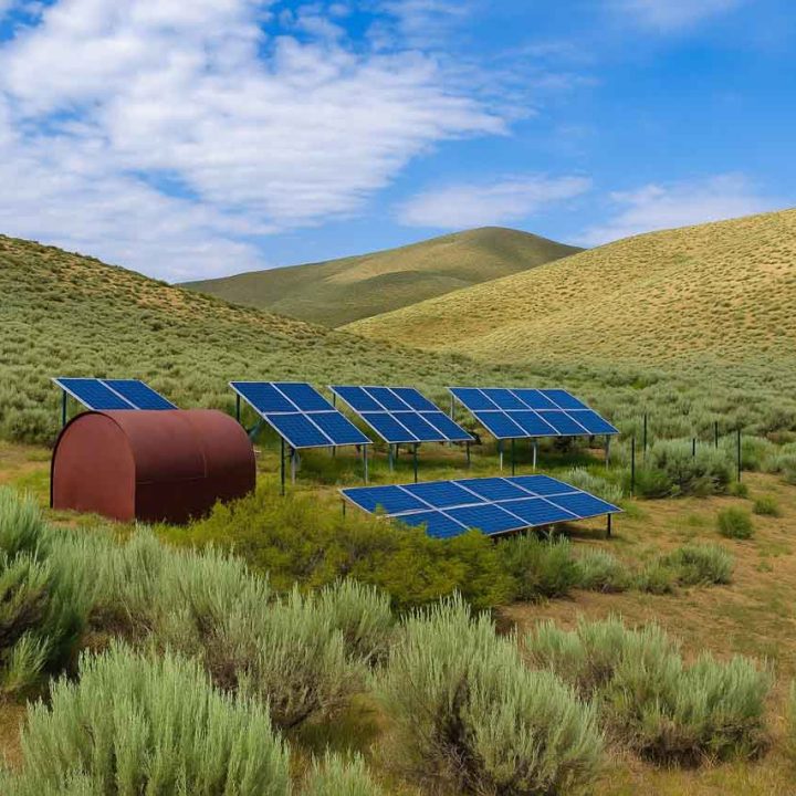 Multiple solar panels are arranged in a field alongside a red cylindrical storage tank, surrounded by rolling hills and sparse vegetation under a partly cloudy sky.