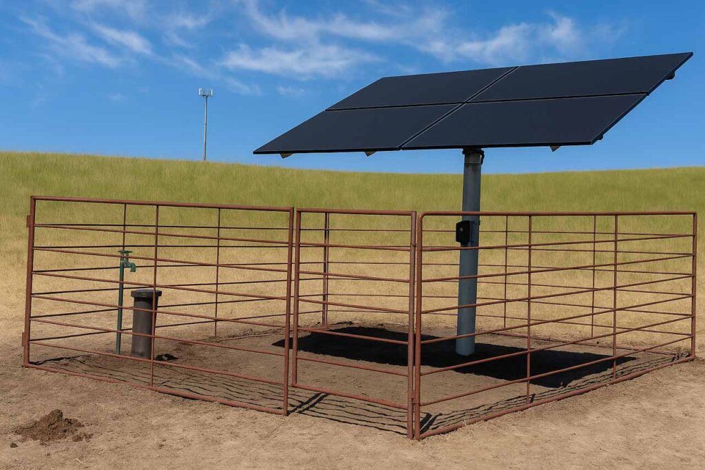 A solar panel system is installed on a metal pole within a fenced enclosure, set against a backdrop of green hills and clear blue skies.