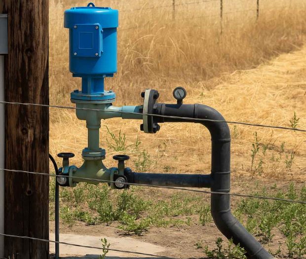 A blue water meter is mounted on a pipeline, with various valves and fittings, situated near a wooden utility pole in a dry, grassy field.