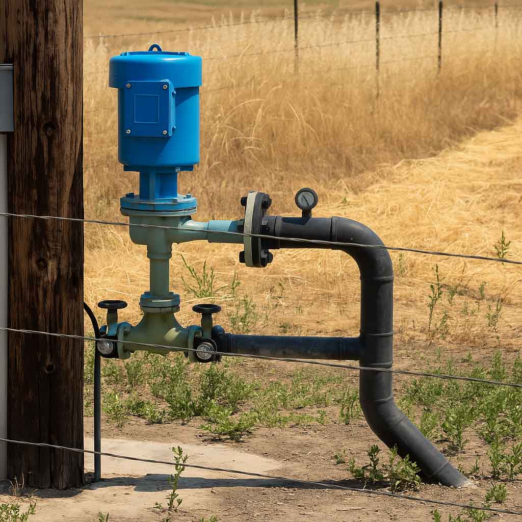 A blue water meter is mounted on a pipeline, with various valves and fittings, situated near a wooden utility pole in a dry, grassy field.