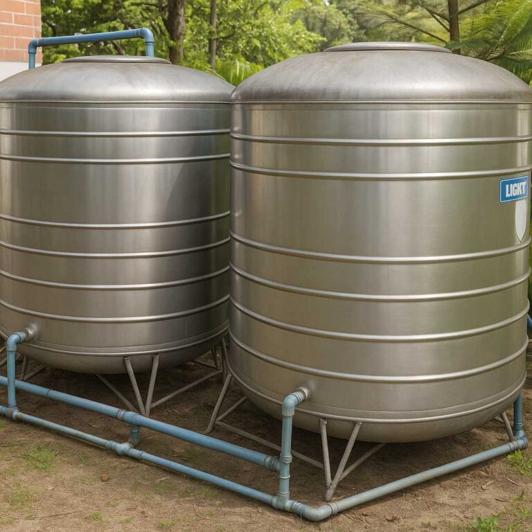Two large cylindrical stainless steel water tanks are placed outdoors, surrounded by trees and connected to blue pipes for water distribution.
