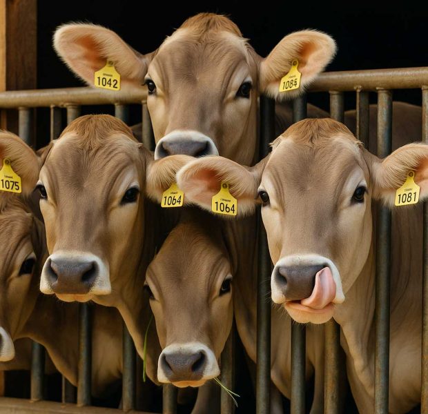 A group of cows with numbered ear tags are standing behind a metal fence in a barn, looking curiously at the camera.