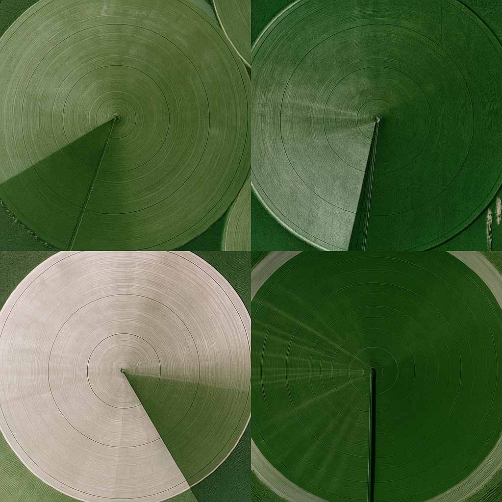 A collage of aerial images depicting various circular patterns in natural landscapes, including fields and forests.