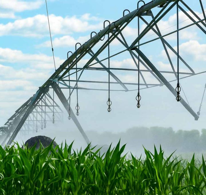 An expansive irrigation system with multiple sprinklers spraying water over rows of crops under a partly cloudy sky.