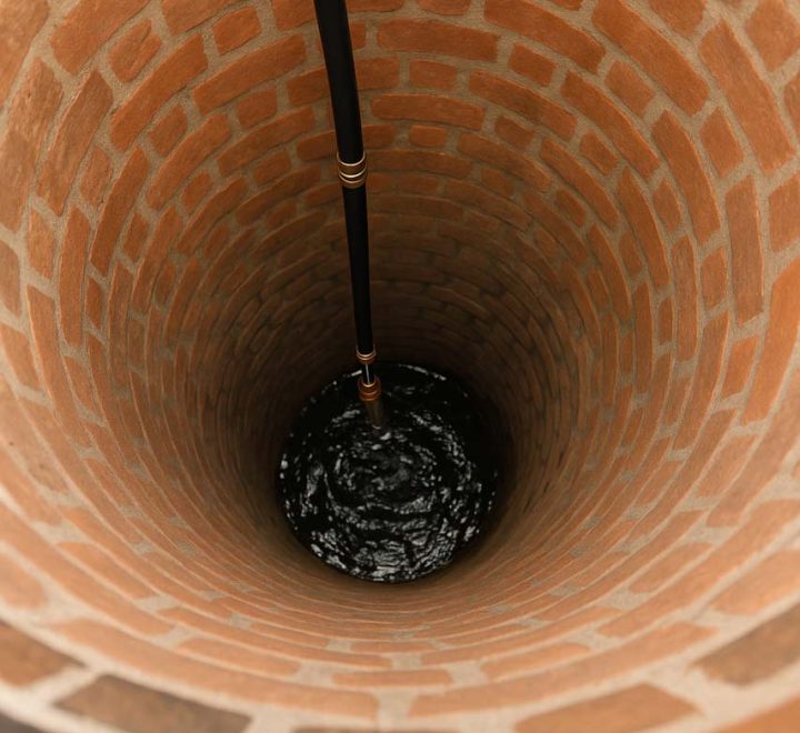 An interior view of a deep brick-lined well with a dark pipe extending downward, showcasing the circular structure and texture of the bricks.