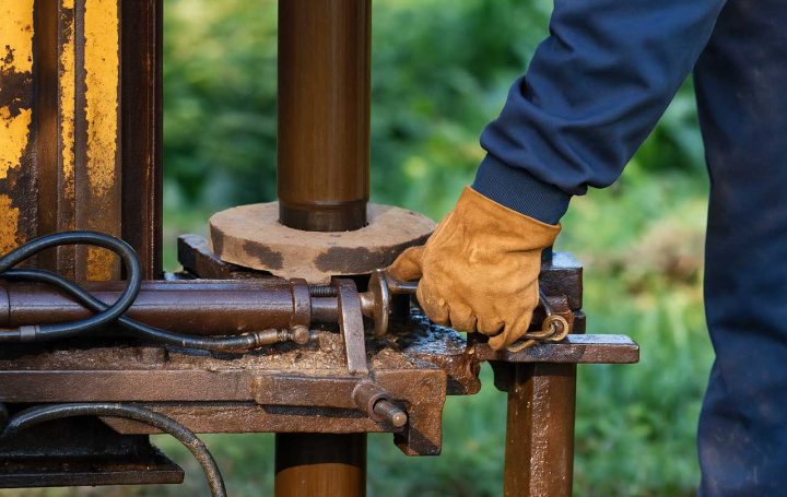 A person wearing a blue long-sleeve shirt and yellow gloves is adjusting a mechanical component on a rusted metal structure, set against a green outdoor background.