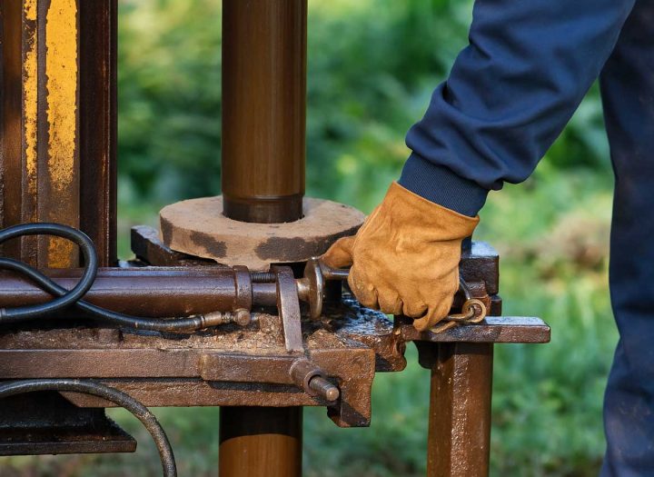 A person wearing a blue long-sleeve shirt and yellow gloves is adjusting a mechanical component on a rusted metal structure, set against a green outdoor background.