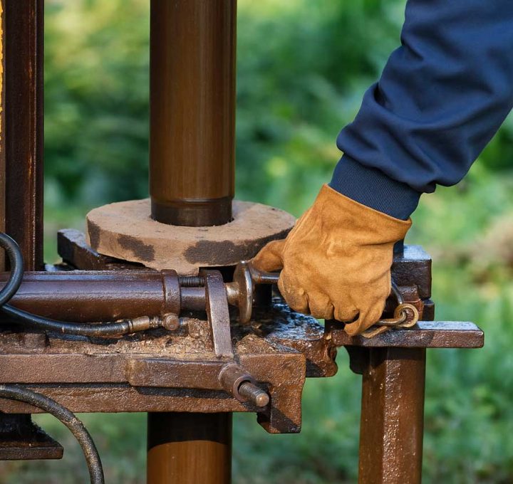 A person wearing a blue long-sleeve shirt and yellow gloves is adjusting a mechanical component on a rusted metal structure, set against a green outdoor background.