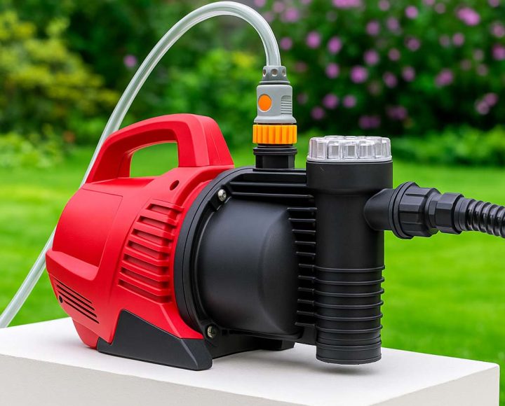A red and black portable water pump with a hose attached, placed outdoors against a backdrop of lush greenery and flowers.