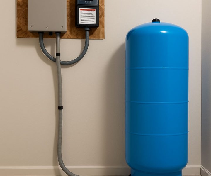 A tall blue water storage tank connected to a control panel mounted on a wooden board, installed in a clean indoor space.