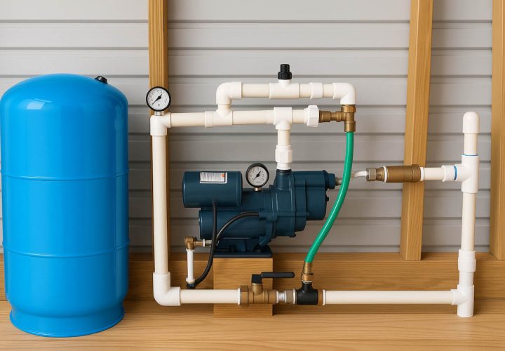 A water pump connected to a blue storage tank via white pipes and fittings, installed in a room with wooden framing.