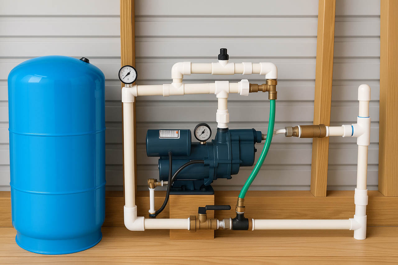 A water pump connected to a blue storage tank via white pipes and fittings, installed in a room with wooden framing.