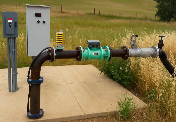 An outdoor pipeline setup includes a control box, valve, and spring-mounted component, situated on a concrete slab amidst tall grass and open fields.