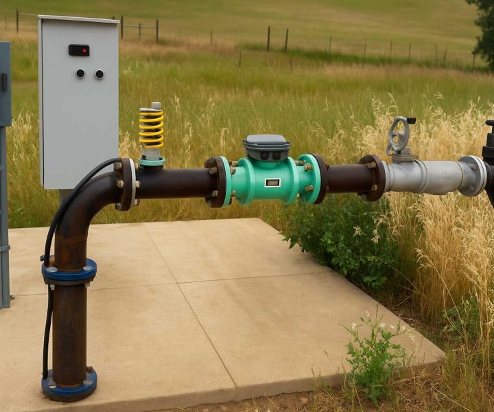 An outdoor pipeline setup includes a control box, valve, and spring-mounted component, situated on a concrete slab amidst tall grass and open fields.