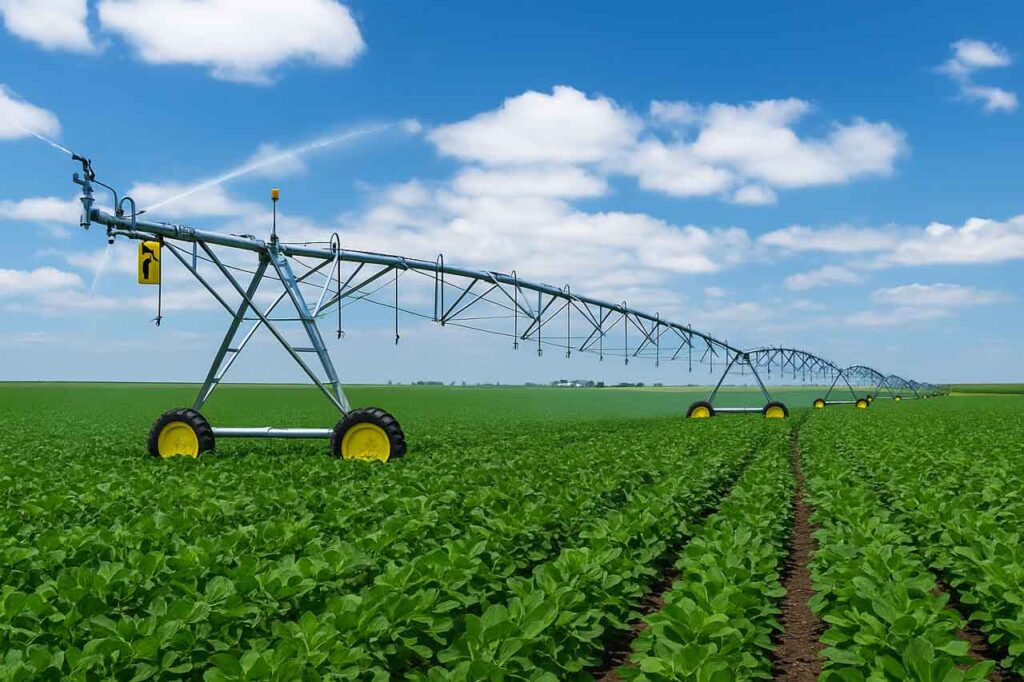 An expansive irrigation system with multiple sprinklers spraying water over rows of crops under a clear blue sky.