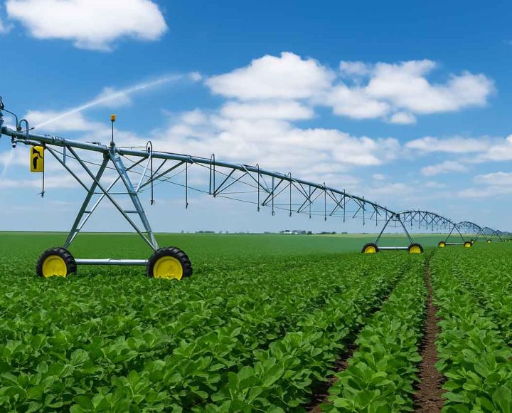 An expansive irrigation system with multiple sprinklers spraying water over rows of crops under a clear blue sky.
