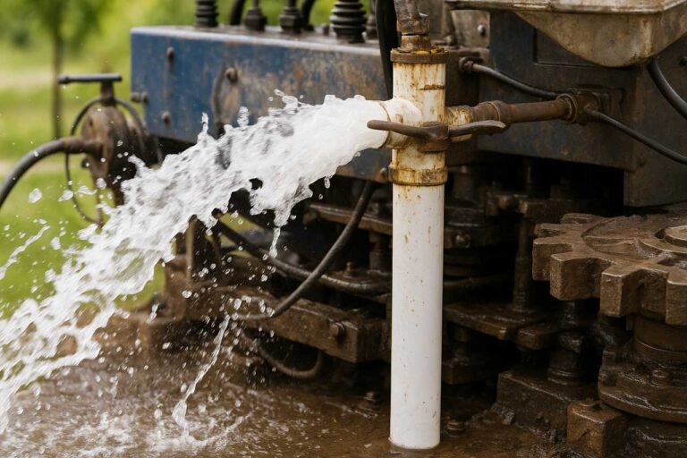 A close-up of an industrial water pump spraying a powerful stream of water, highlighting its robust metal components and mechanical details.