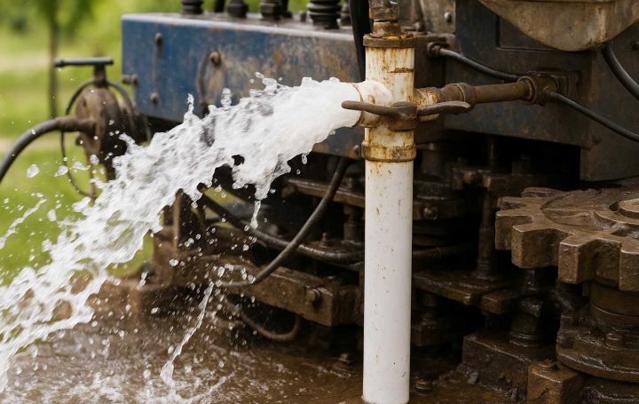 A close-up of an industrial water pump spraying a powerful stream of water, highlighting its robust metal components and mechanical details.