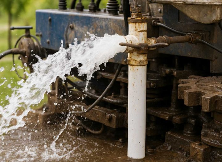 A close-up of an industrial water pump spraying a powerful stream of water, highlighting its robust metal components and mechanical details.