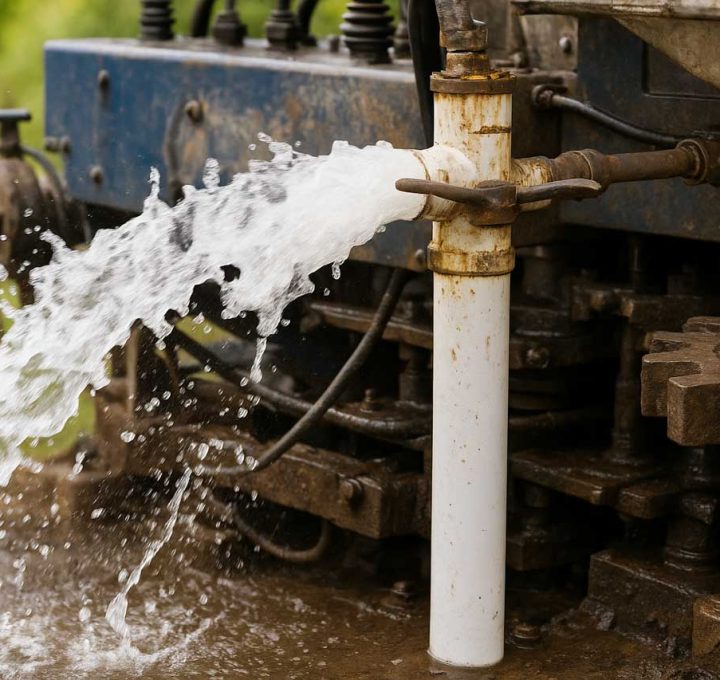 A close-up of an industrial water pump spraying a powerful stream of water, highlighting its robust metal components and mechanical details.