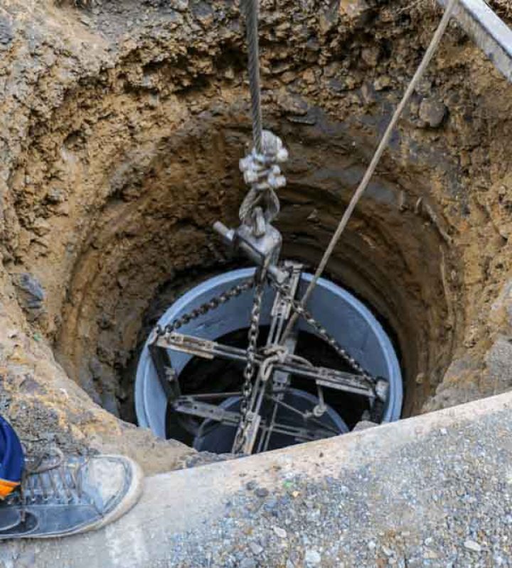A deep well is being installed, with a cylindrical component suspended by ropes and chains, lowered into an excavated hole.