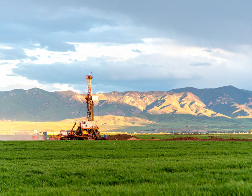 A drilling rig works in a vibrant green field, with sunlit mountains and a dramatic cloudy sky creating a scenic backdrop.