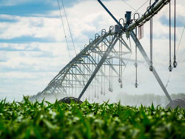 A large center pivot irrigation system spans across a green field, spraying water over crops under a clear blue sky.