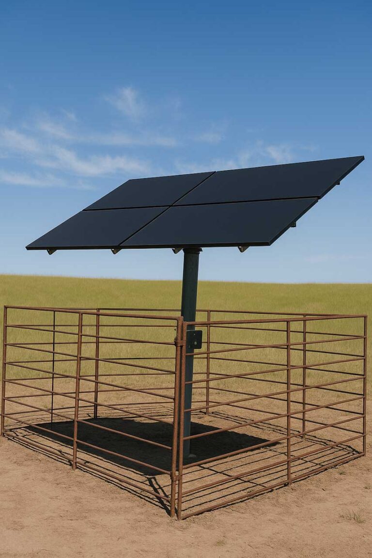 A single solar panel is attached to a metal pole within a rusted wire fence, standing out against a vast expanse of flat, golden terrain under a bright blue sky.