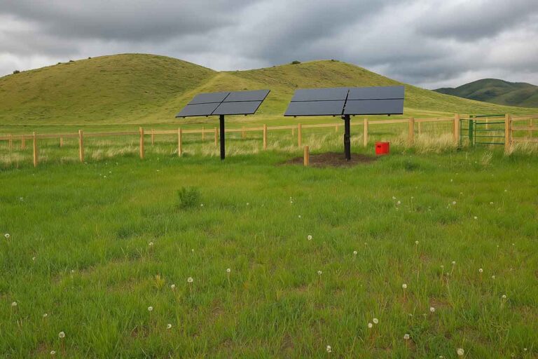 Two solar panels are mounted on poles in a vibrant green pasture, enclosed by a wooden fence, with overcast skies and distant hills in the background.