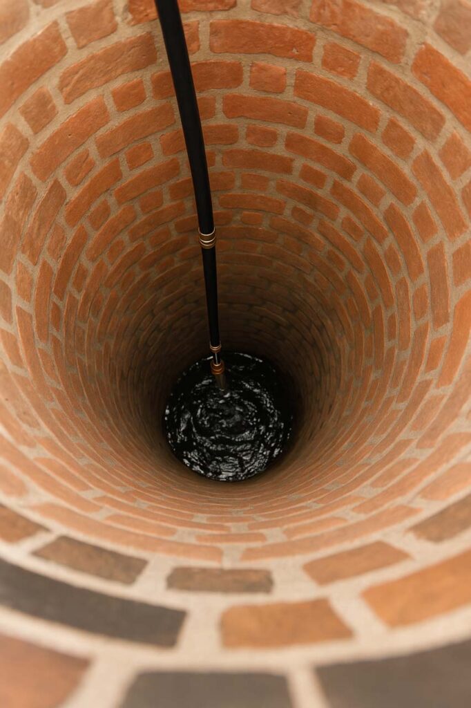 An interior view of a deep brick-lined well with a dark pipe extending downward, showcasing the circular structure and texture of the bricks.