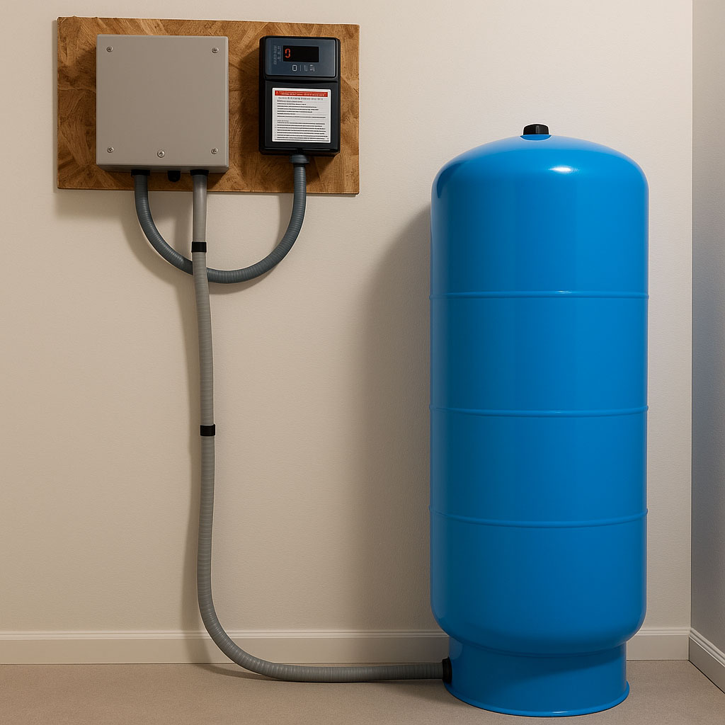 A tall blue water storage tank connected to a control panel mounted on a wooden board, installed in a clean indoor space.