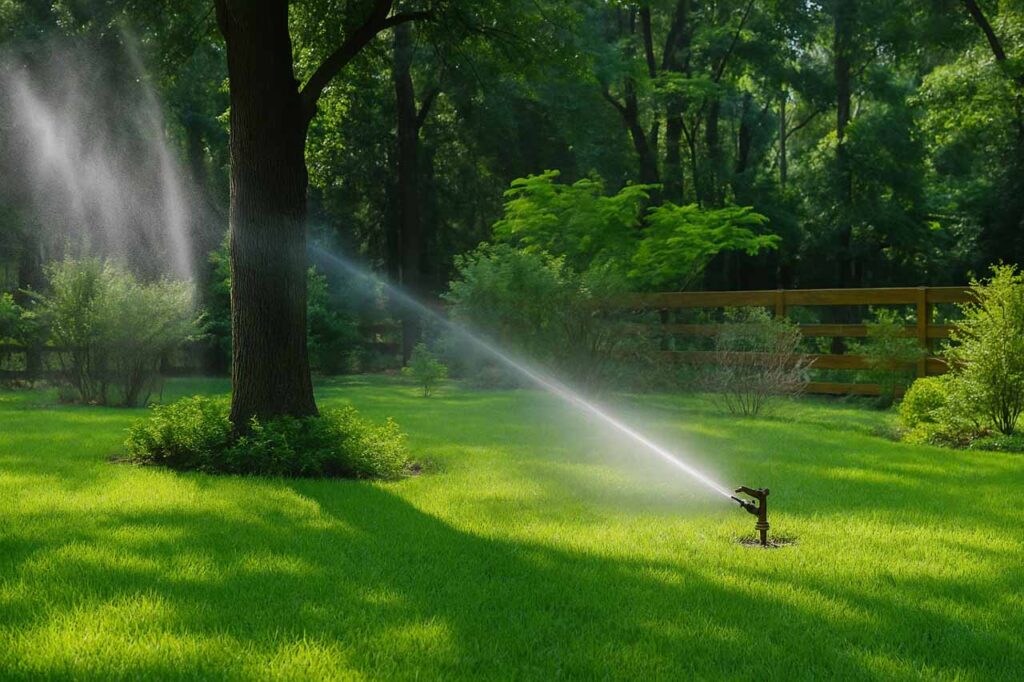 A sprinkler system waters a vibrant green lawn, surrounded by trees and shrubs, with a wooden fence in the background.