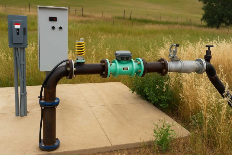 An outdoor pipeline setup includes a control box, valve, and spring-mounted component, situated on a concrete slab amidst tall grass and open fields.