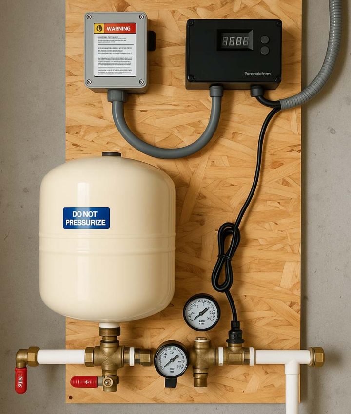 A pressure monitoring setup featuring a warning label, digital display, and various gauges, mounted on a wooden panel.
