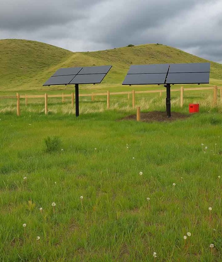 Two solar panels are mounted on poles in a vibrant green pasture, enclosed by a wooden fence, with overcast skies and distant hills in the background.