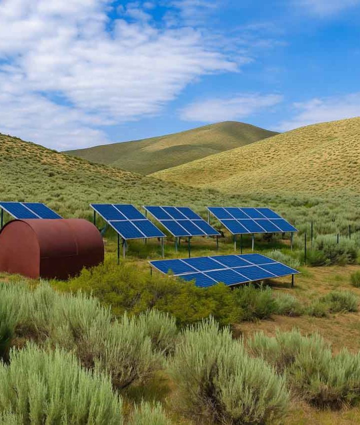 Multiple solar panels are arranged in a field alongside a red cylindrical storage tank, surrounded by rolling hills and sparse vegetation under a partly cloudy sky.