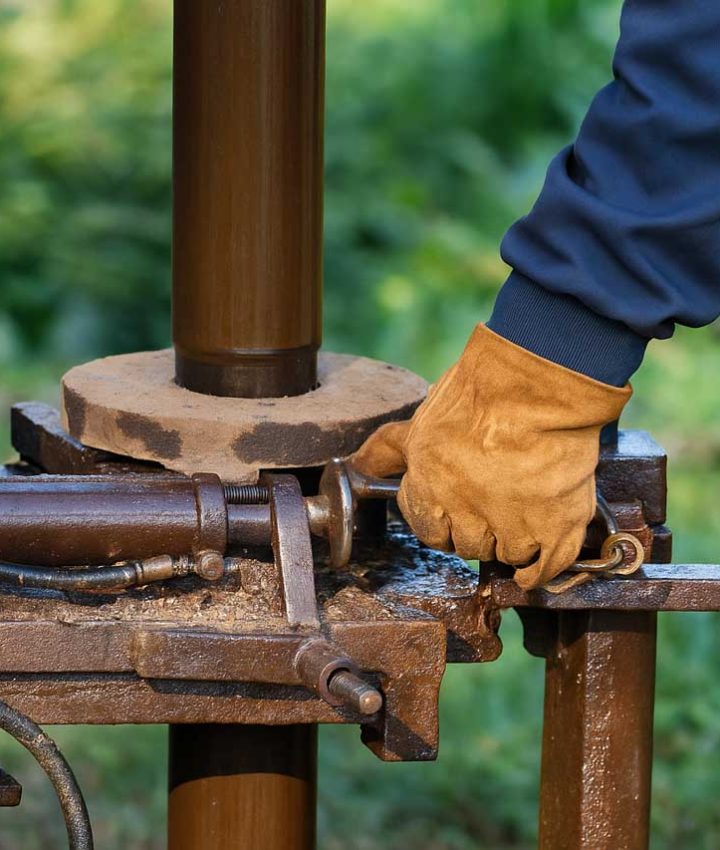 A person wearing a blue long-sleeve shirt and yellow gloves is adjusting a mechanical component on a rusted metal structure, set against a green outdoor background.