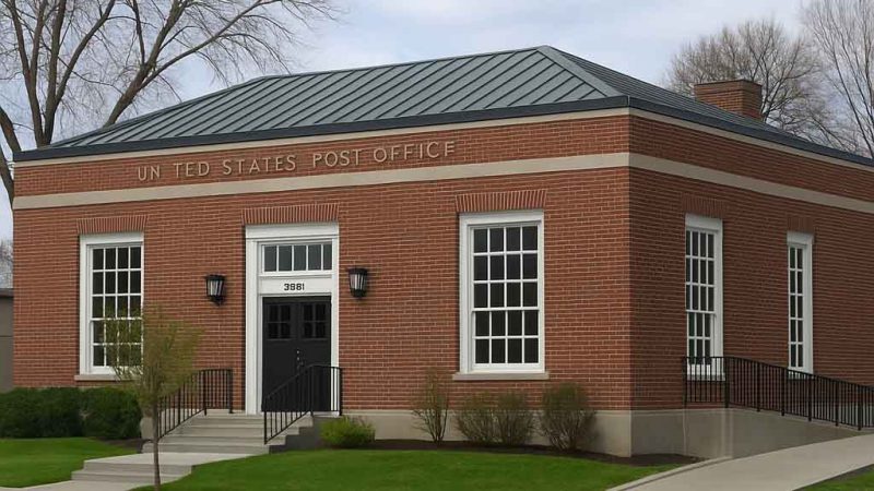 A red brick building with a sign reading "United States Post Office," featuring a black door and white-framed windows, surrounded by greenery.