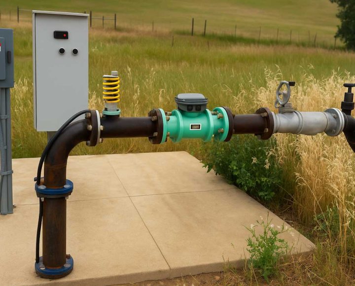 An outdoor pipeline setup includes a control box, valve, and spring-mounted component, situated on a concrete slab amidst tall grass and open fields.