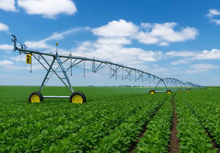 An expansive irrigation system with multiple sprinklers spraying water over rows of crops under a clear blue sky.