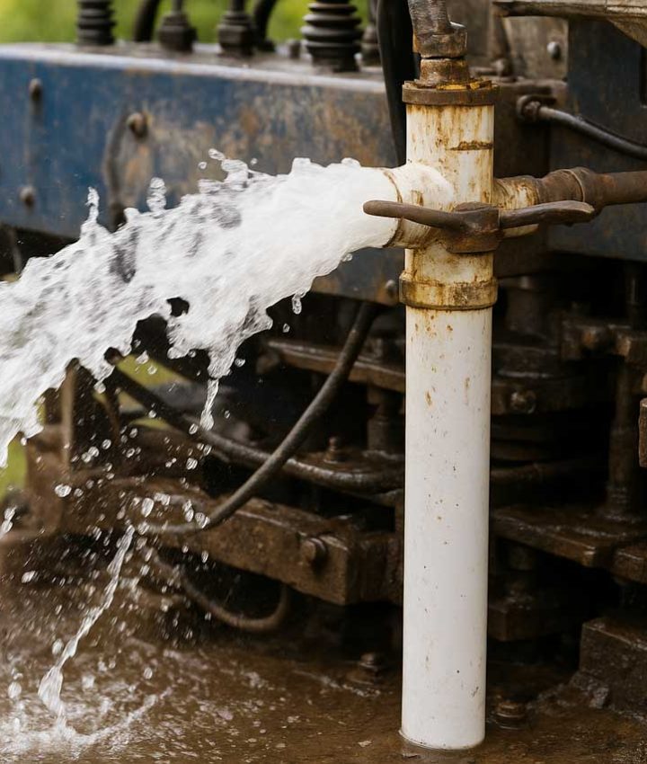 A close-up of an industrial water pump spraying a powerful stream of water, highlighting its robust metal components and mechanical details.